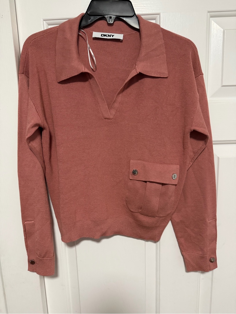 DKNY Women's Dusty Rose VโNeck Polo Sweater with Front Pocket